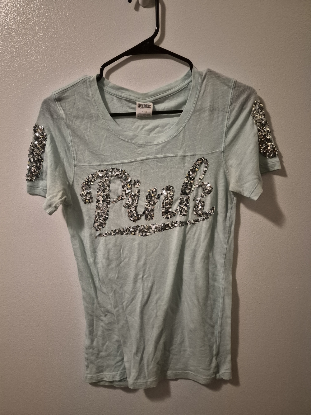 PINK Victoria's Secret Mint Sequin Logo Short Sleeve Tee